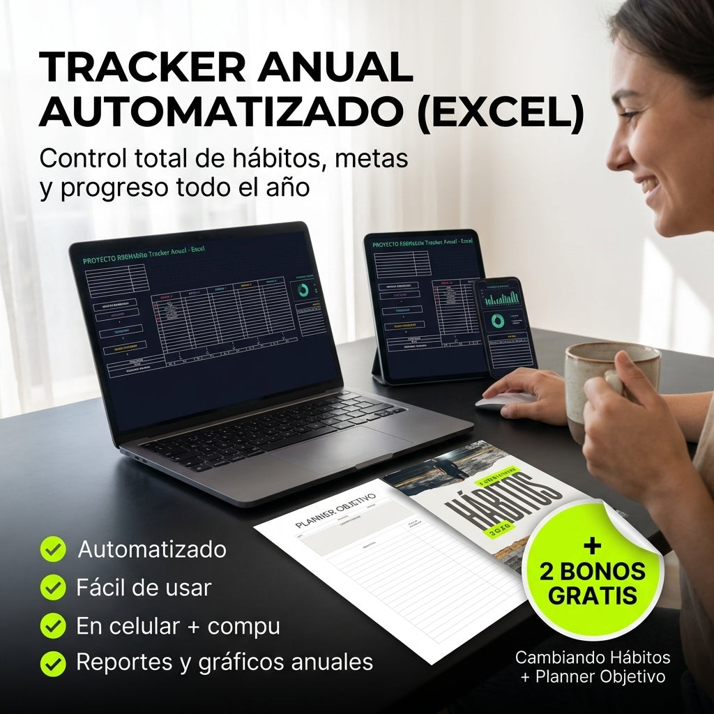 Tracker Anual Automatizado (Excel) + 2 Bonos GRATIS (Planner Objetivo + Cambiando Hábitos)